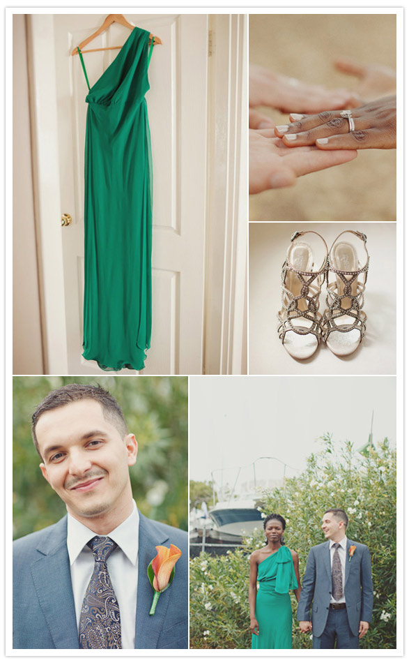 The bride's emerald green reception gown is absolutely gorgeous on her we