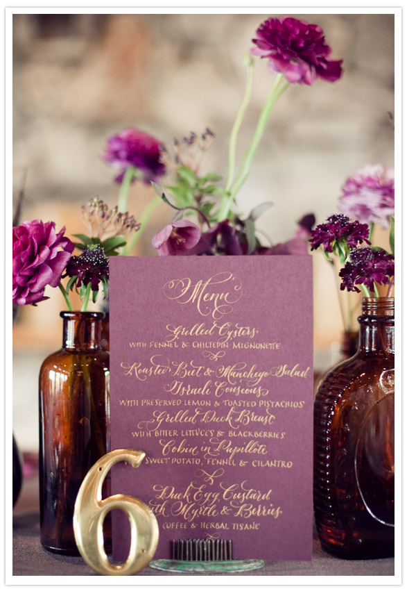 Vintage plum wedding inspiration And the guinea fowl feathers with simply 
