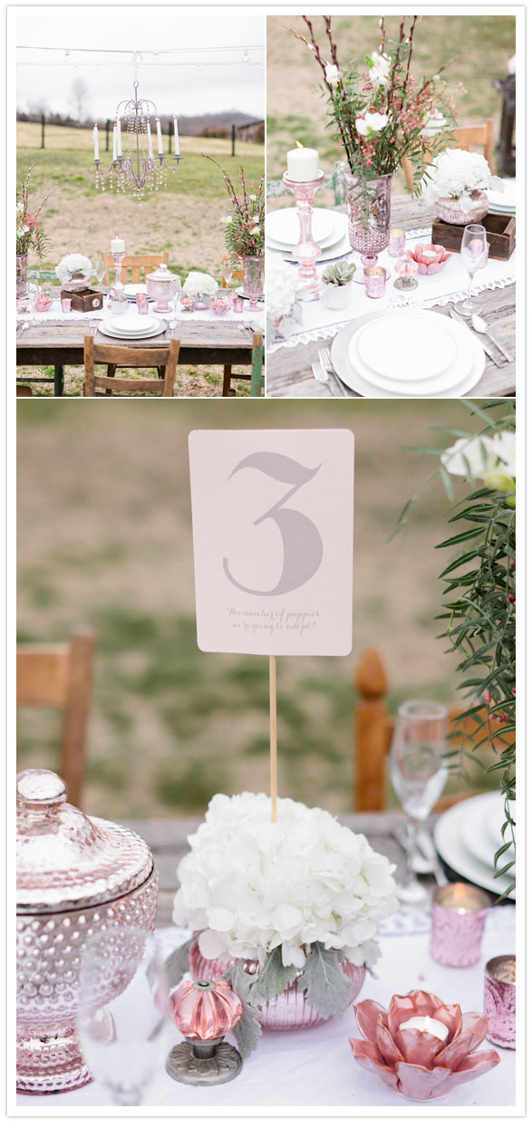 blush wedding reception decor White hydrangeas added softness to the 