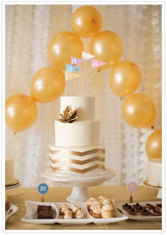 Using balloons as table numbers just screams FUN gold chevron wedding cake
