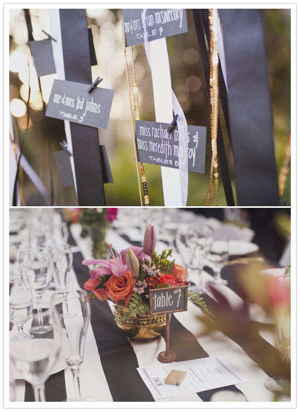 escort cards hung on ribbon