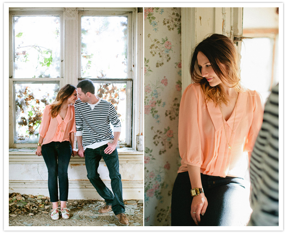 peach blouse and floral oxfords