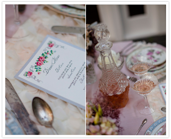 floral printed menu and crystal decanter