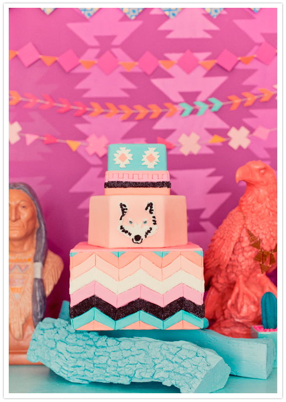 desert shades of chevron and wolf decorated wedding cake