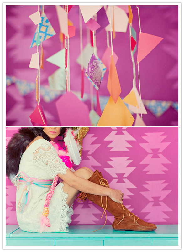 paper garlands and patterned wallpaper
