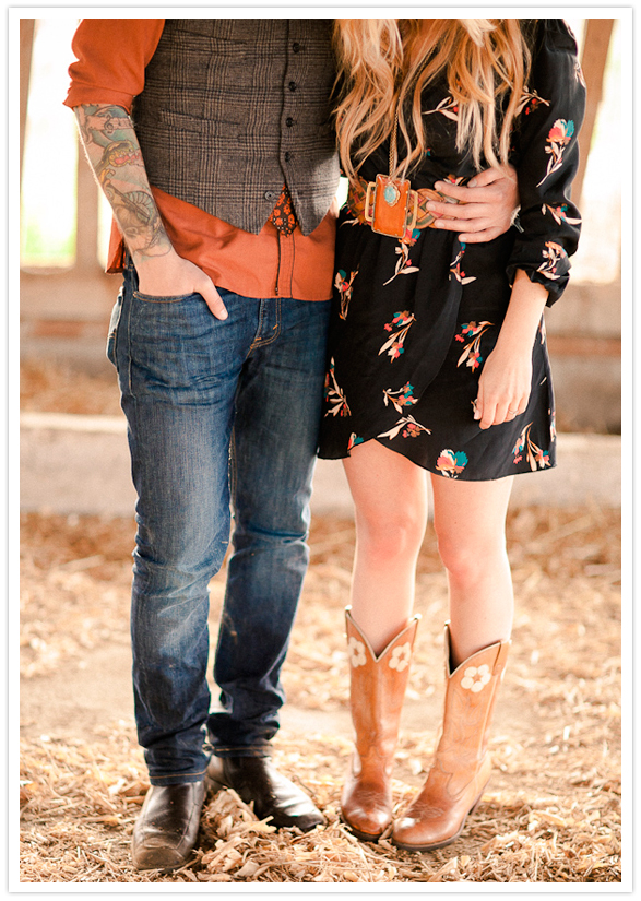cowboy boots, black floral print shirt dress and brown leather braided belt