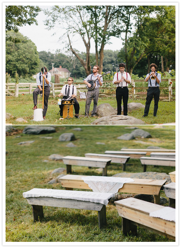 live band, wedding benches and doily covers