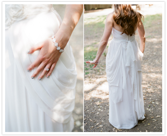 silver jewelry and nail accents and Sarah Seven wedding dress