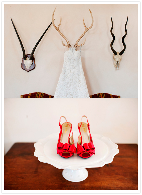 sweetheart lace wedding dress and vibrant red bow heels