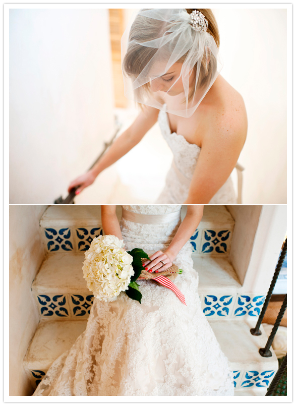 bird cage veil and classic white bouquet