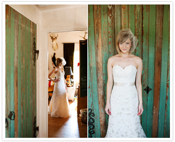 sweetheart lace dress with beige satin belt and bird cage veil