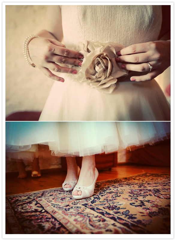 Bardot by Stephanie Allin wedding dress and Just Because by Seychelles shoes