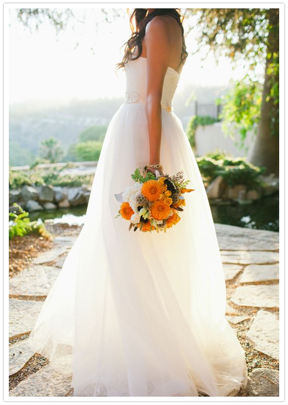 J.Crew chiffon dress and vibrant fall bouquet