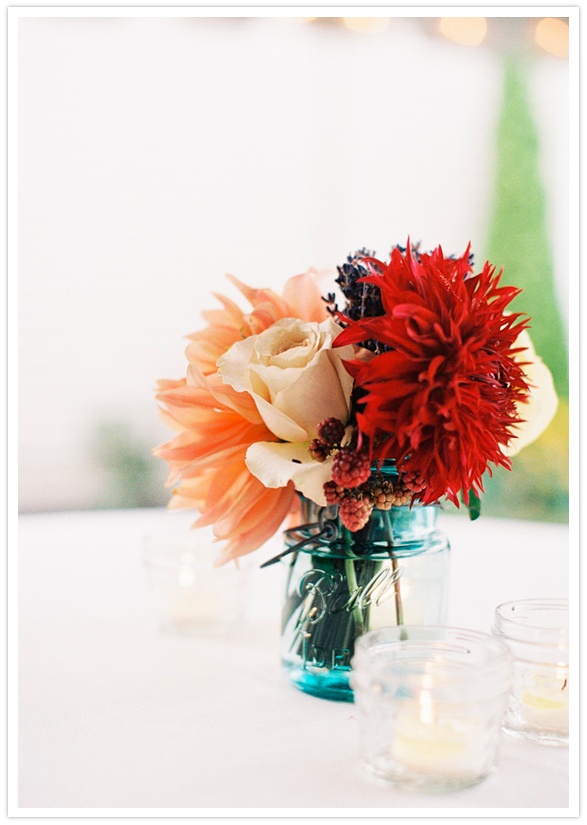 mason jar centerpieces of roses, dinnerplate dahlias, and raspberries mason jar centerpieces of roses, dinnerplate dahlias, and raspberries