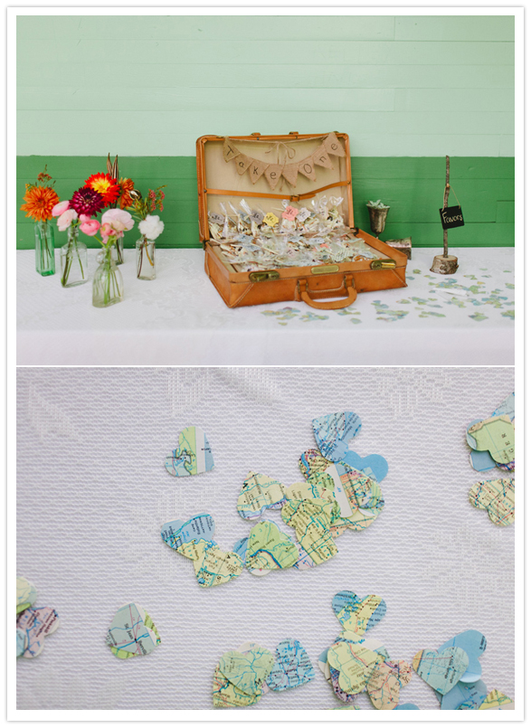 map hearts and vintage luggage