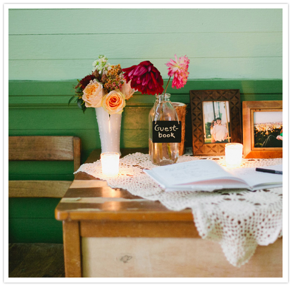 chalkboard painted bottles and crocheted doilies 