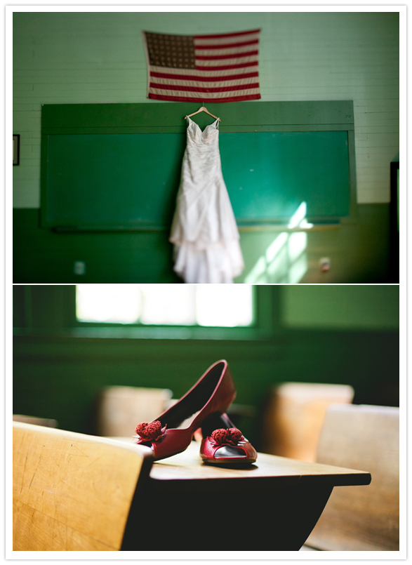 "Alice" dress by Pronovias and red DKNYC “Brandi” peep-toes