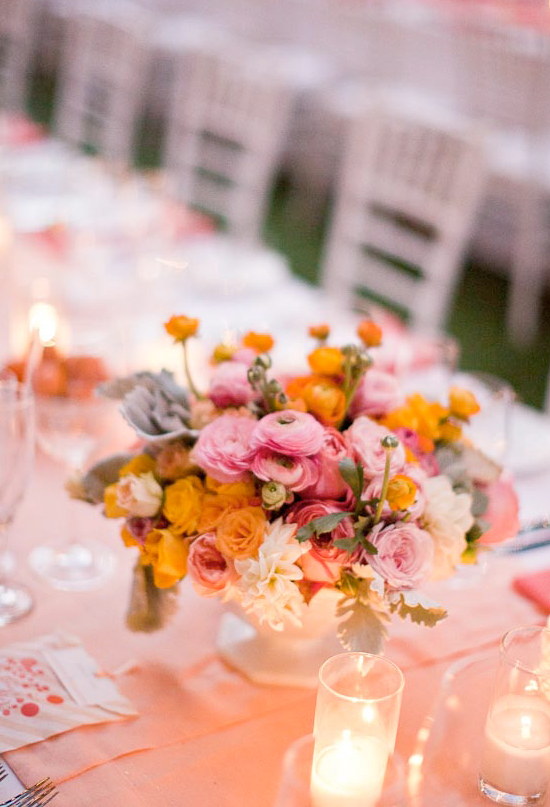 pink, gold and peach floral centerpiece and pink linens pink, gold and peach floral centerpiece and pink linens