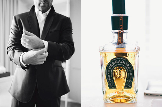 black groom's suit and tequila