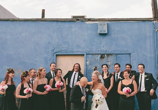 black bridesmaid dress and groomsmen suits