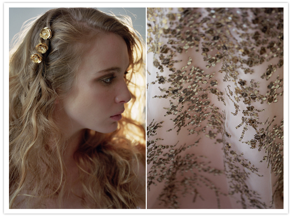 gold hairpiece and beaded gown gold hairpiece and beaded gown
