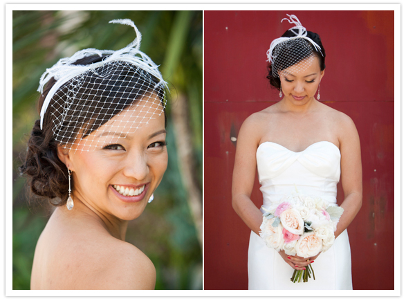 bird cage veil and drop crystal earrings