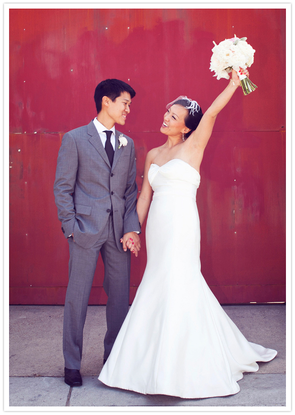 Jenny Packham?s Cascade gown and grey Bonobos suit