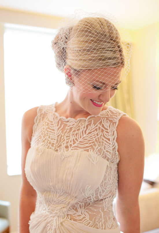 Tadashi Shoji wedding dress and birdcage veil Tadashi Shoji wedding dress and birdcage veil