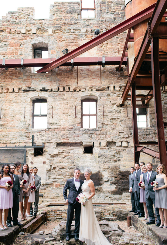 rustic building wedding party portraits