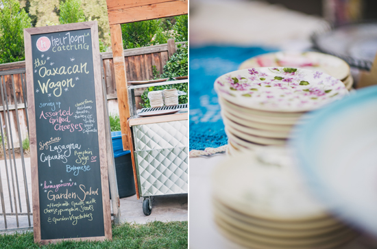 chalkboard menu sign and floral dishes