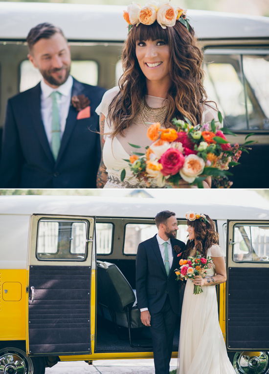 vibrant orange, fuschia and peach bouquet and yellow VW van