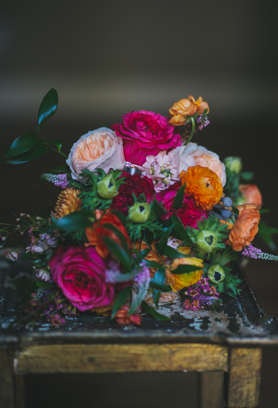 vibrant fuschia, orange, peach and green bouquet