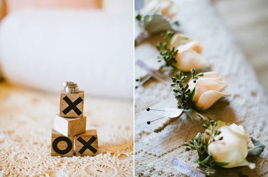 "xoxo" blocks and cream rose boutonnieres "xoxo" blocks and cream rose boutonnieres