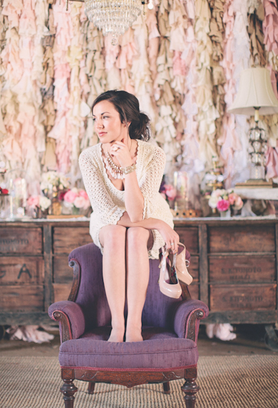 purple velvet armchair and cream crocheted dress purple velvet armchair and cream crocheted dress