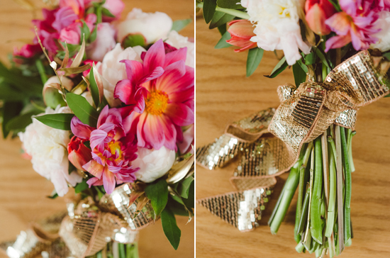 bright pink and white bouquet with gold sequined ribbon