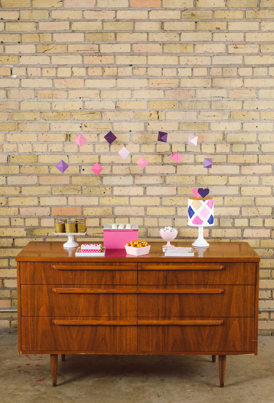 vintage dresser dessert table with pink, gold and purple accents
