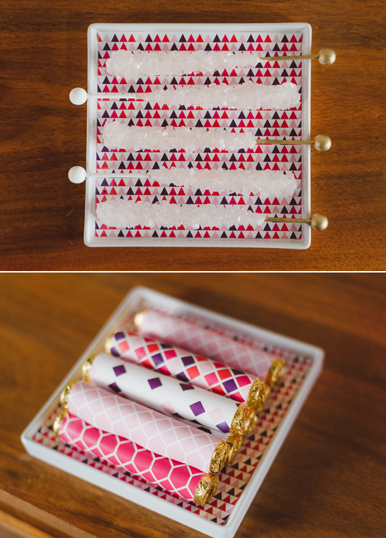 white rock candy and geometric candy wrappers