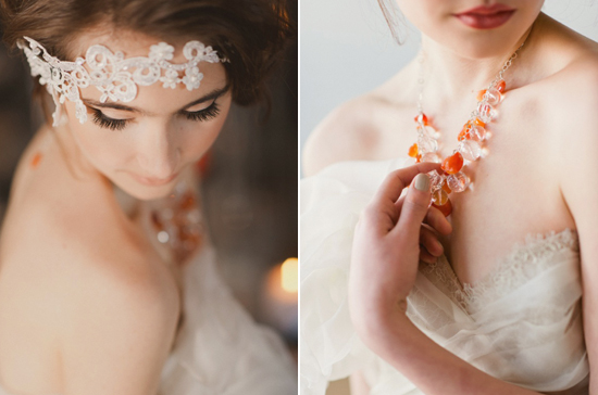 Blair Nadeau Millinery white lace headpiece and Linda Penwarden necklace