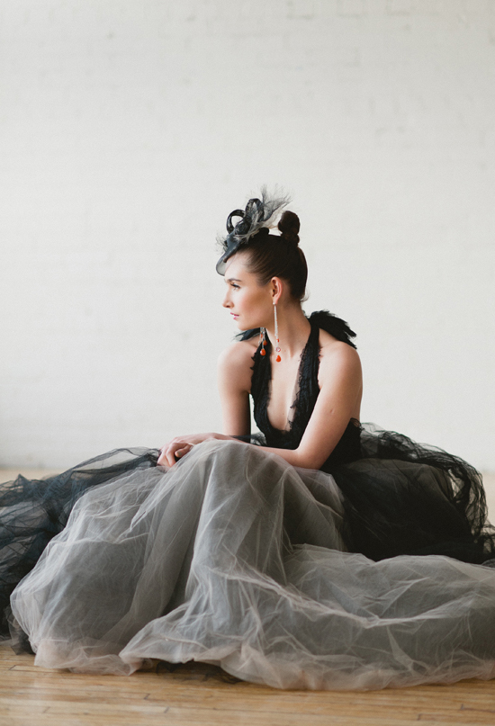 Vera Wang Black Magic Collection dress and Blair Nadeau Millinery headpiece