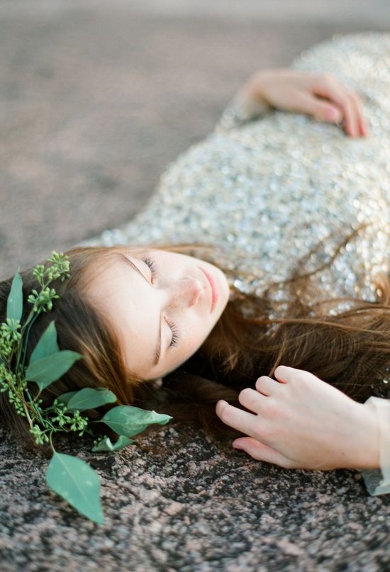 green leaf crown and Aidan Mattox gold sequin gown
