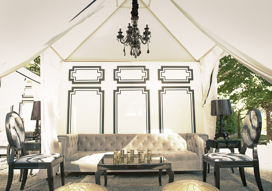 black and white outdoor sitting area