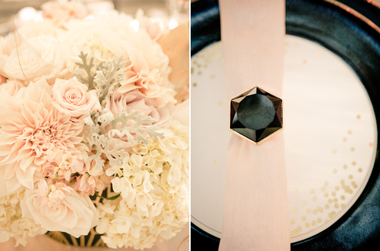black geometric napkin rings and black lined plates