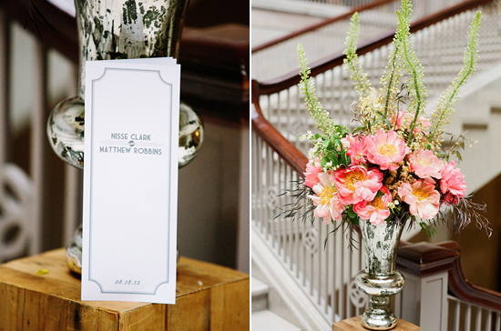 custom printed ceremony programs and pink ombre floral arrangements