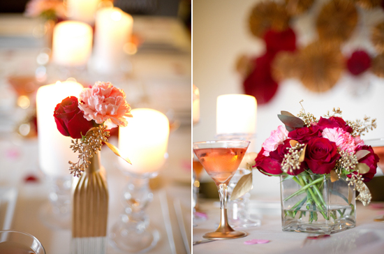 gold painted glass bottles and tapered glass candlesticks