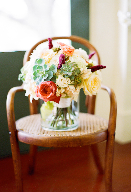 Heirloom roses, hydrangeas, dahlias, amaranth, scabiosa seed pods, geraniums, and succulents bouquet