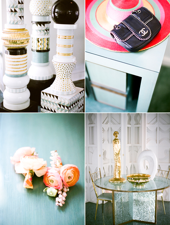 Avalon hotel decor details, black Chanel purse and peach boutonniere | Photo by Nancy Neil