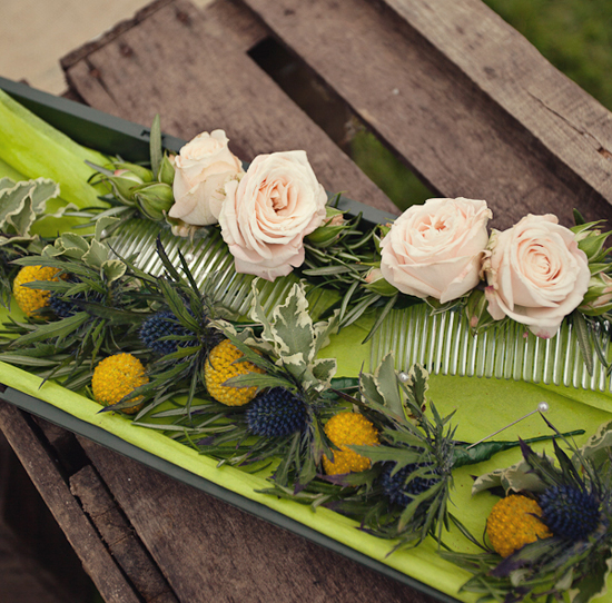 rose hair combs and craspedia boutonnieres | Photo by Marianne Taylor rose hair combs and craspedia boutonnieres | Photo by Marianne Taylor
