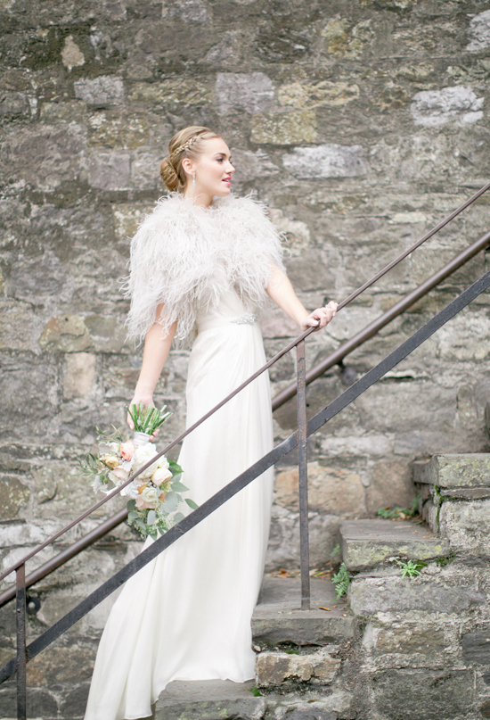 feather bolero and white gown | Photo by Jeremy Harwell feather bolero and white gown | Photo by Jeremy Harwell