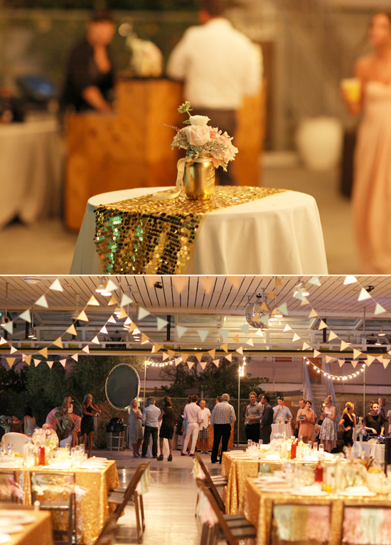 gold sparkle table runner and paper bunting garland | Photo by Kimberly Genevieve