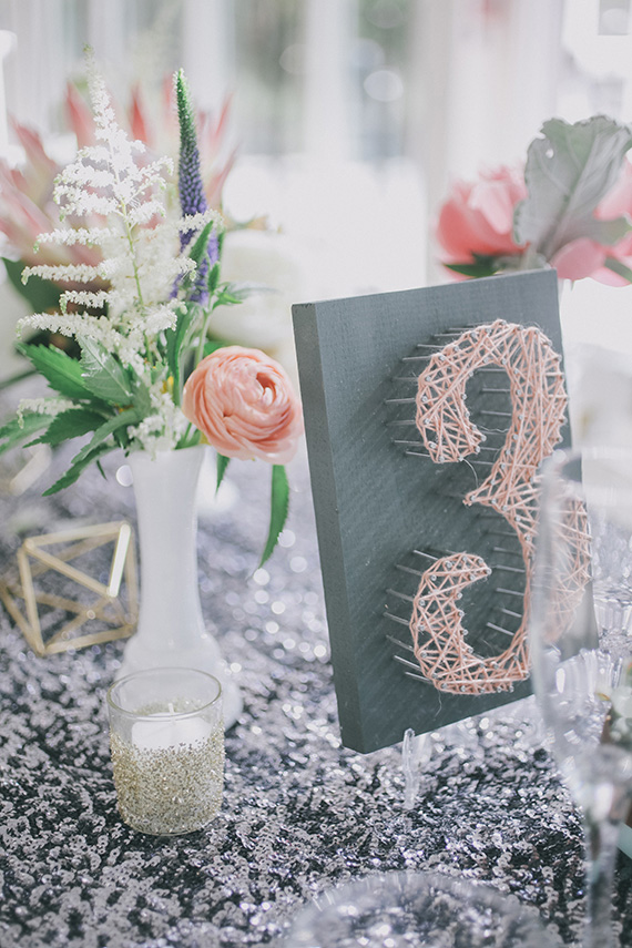 string art table number silver sequin tablecloth